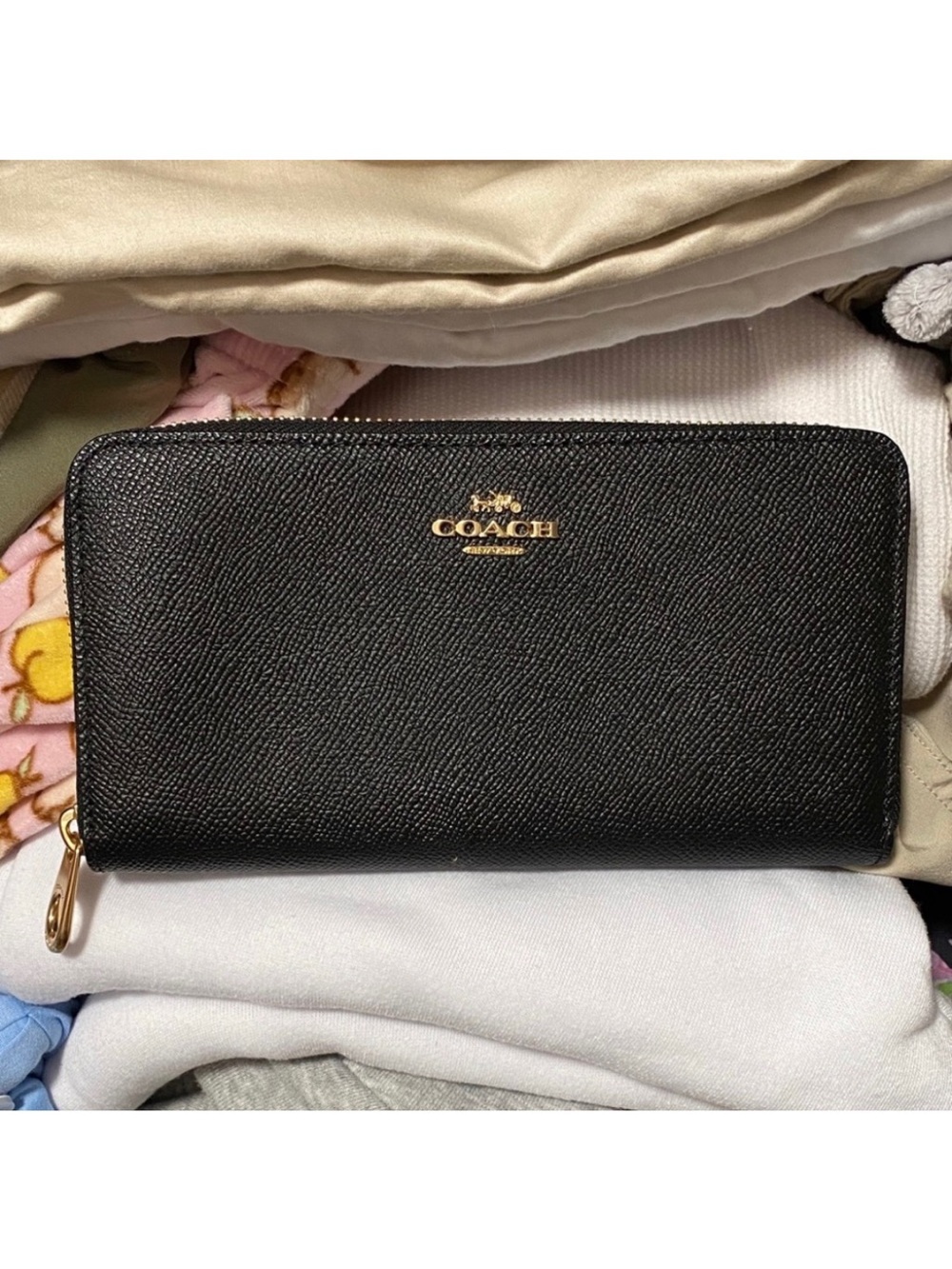 Nice Classic Coach Black Textured Long Zip around Wallet with Gold Accents